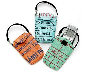 cell phone holders from recycled rice bags