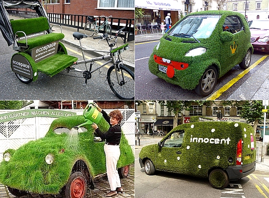 green cars with grass on top