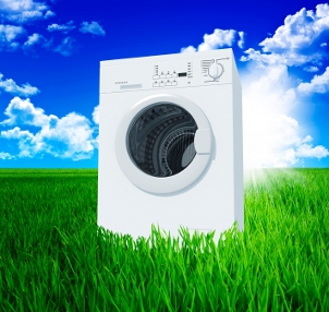 washing machine and green  field  with blue sky 3d background