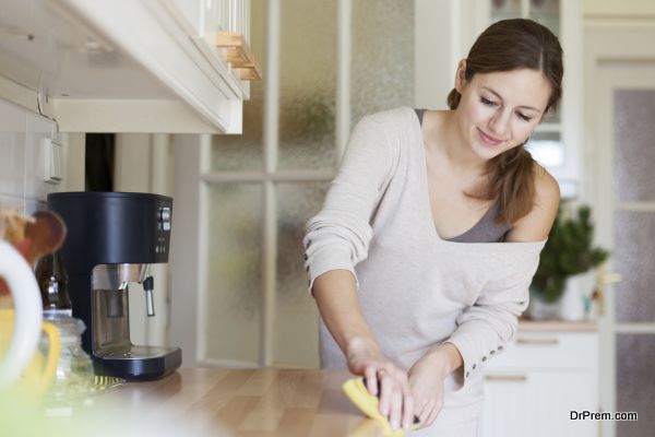 Young woman doing housework, cleaning the kitchen