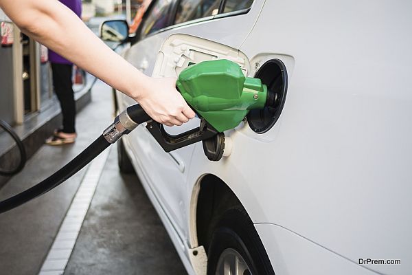 Female hand holding green pump filling gasoline