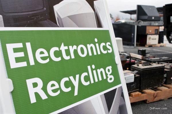 Lawrenceville, GA, USA - November 23, 2013:  An "Electronics Recycling" sign marks the spot for people to drop off old computers, TV's , etc. at Gwinnett County's America Recycles Day event.