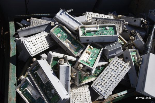 Pile of old electronic components in bin