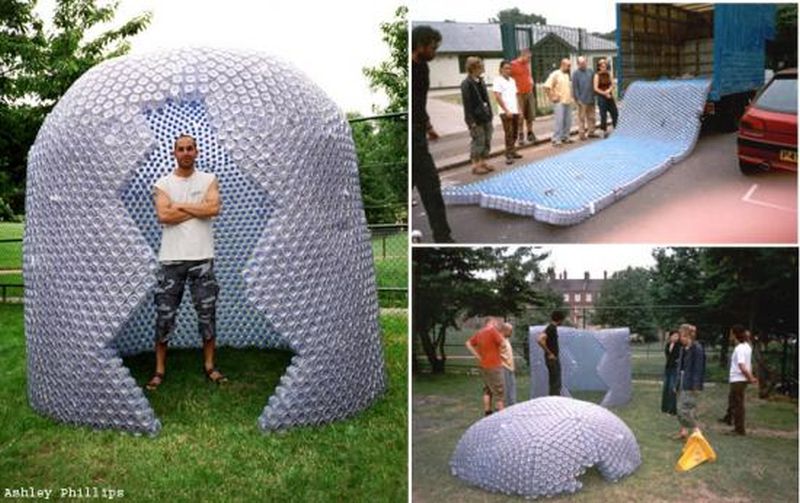 Igloo created from bottles collected after the London Marathon