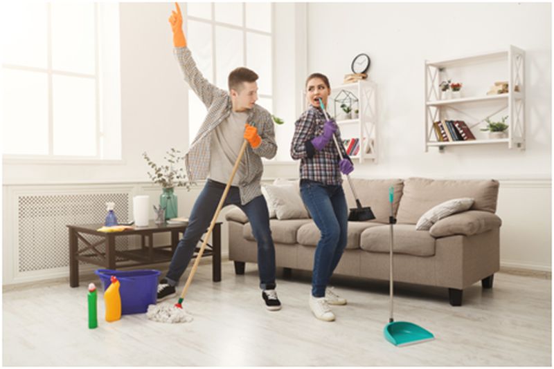 couple busy in house chores