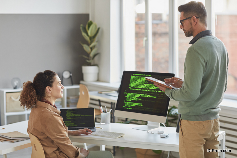 Two computer programmers talking to each other while working with computer system in team at office